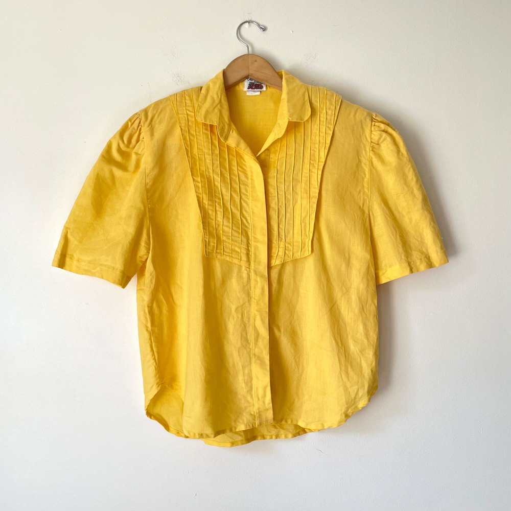 Vintage 80s Yellow Pleated Button Up Blouse Large Retro Cottage Colorful Praire